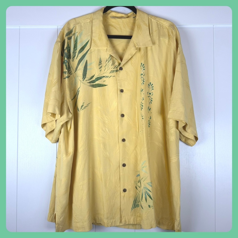 Tommy Bahama XXL Yellow Silk Hawaiian Shirt Button Up Tropical‎ Island Vacation